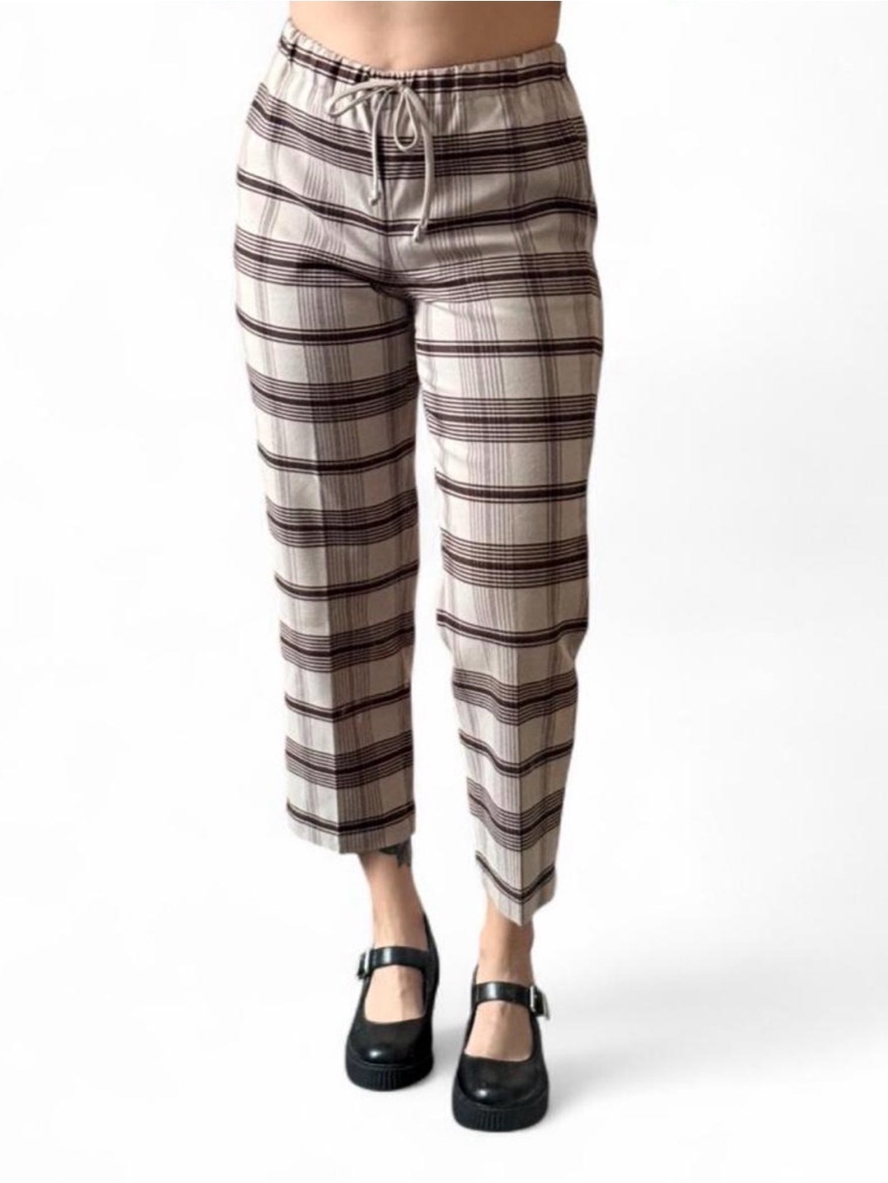 The Group by Babaton Cream and Brown Plaid Drawstring Ankle Pants